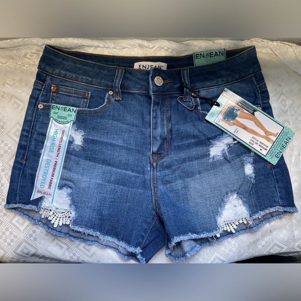 ENJEAN Women's High Waist Denim Shorts - Blue